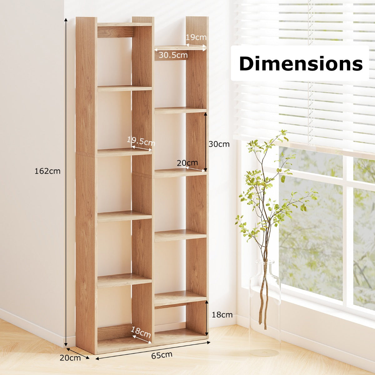 LIVSK Boekenkast 12-Niveaus - Stevig Houten Frame met Anti-Kantelsets - Modern Boomvormig Ontwerp - 65 x 20 x 162 cm - Naturel/Wit