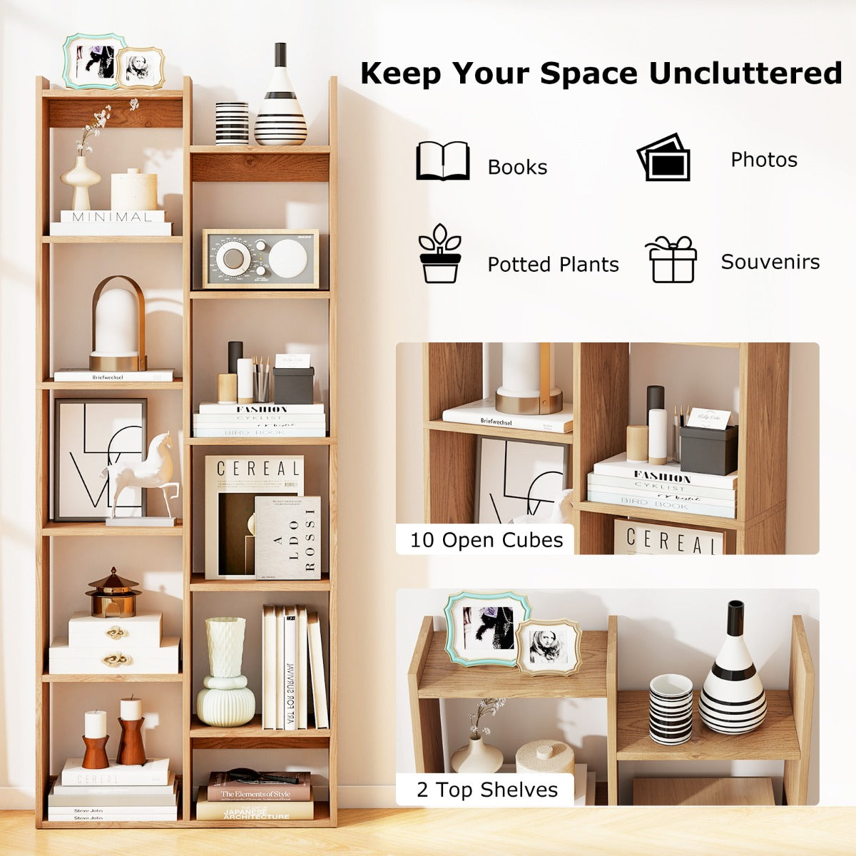 LIVSK Boekenkast 12-Niveaus - Stevig Houten Frame met Anti-Kantelsets - Modern Boomvormig Ontwerp - 65 x 20 x 162 cm - Naturel/Wit
