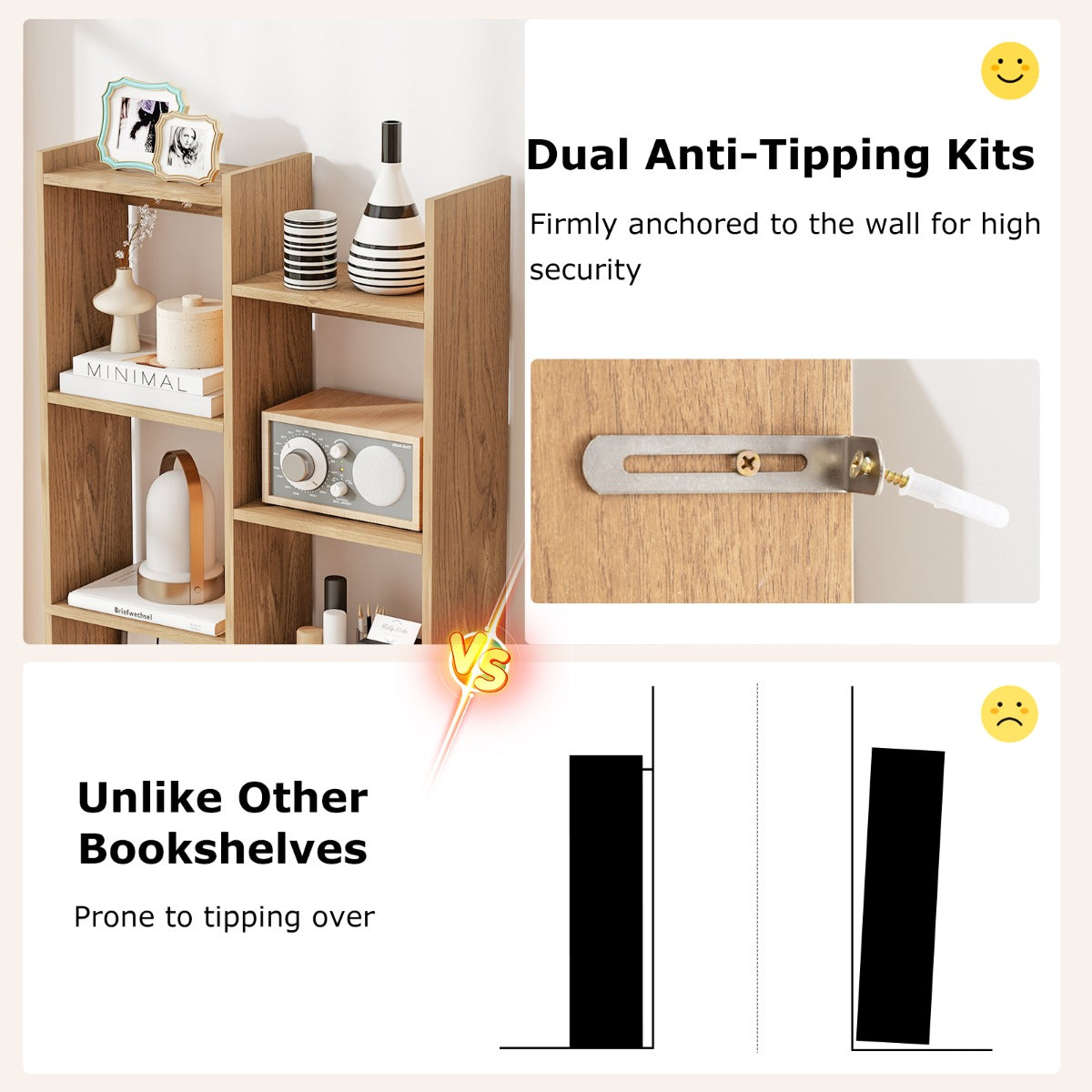 LIVSK Boekenkast 12-Niveaus - Stevig Houten Frame met Anti-Kantelsets - Modern Boomvormig Ontwerp - 65 x 20 x 162 cm - Naturel/Wit