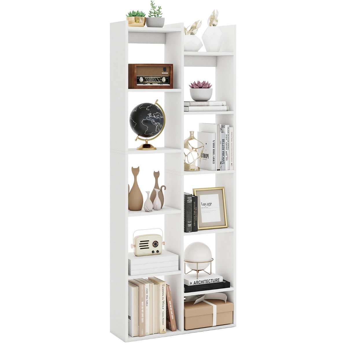 LIVSK Boekenkast 12-Niveaus - Houten Frame met Anti-Kantelsets - Boomvormig Ontwerp - Tot 141 kg - 65 x 20 x 162 cm - Naturel/Wit