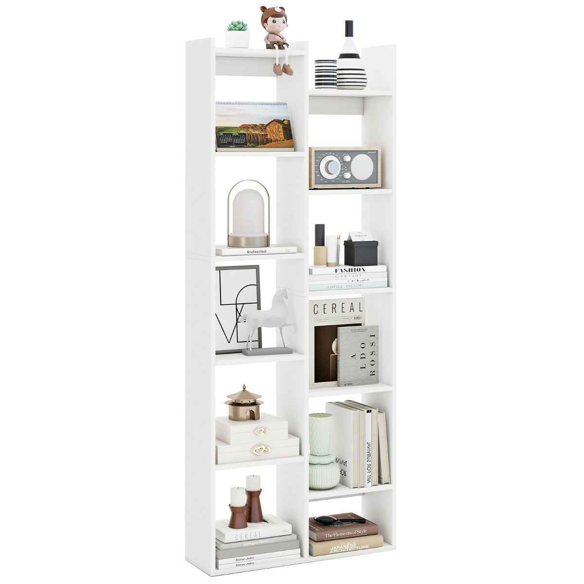 LIVSK Boekenkast 12-Niveaus - Houten Frame met Anti-Kantelsets - Boomvormig Ontwerp - Tot 141 kg - 65 x 20 x 162 cm - Naturel/Wit