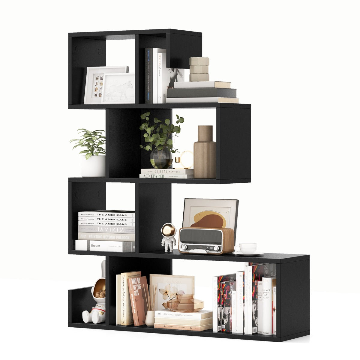 Livsk costway boekenkast 5 traps asymmetrisch opbergrek s vormig ruimteverdeler staand rek met kantelbeveiligingssets voor woonkamer werkkamer