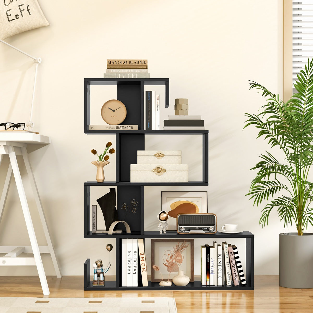 Livsk costway boekenkast 5 traps asymmetrisch opbergrek s vormig ruimteverdeler staand rek met kantelbeveiligingssets voor woonkamer werkkamer 6
