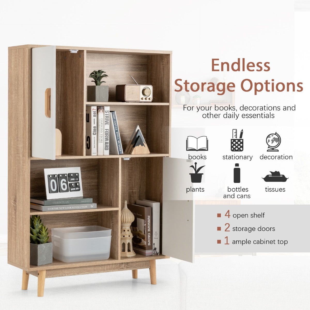 LIVSK Houten Boekenkast - 4 Open Planken en 2 Deuren - Multifunctioneel en Veilig - Eenvoudig te Monteren - 80 x 24 x 120 cm - Wit