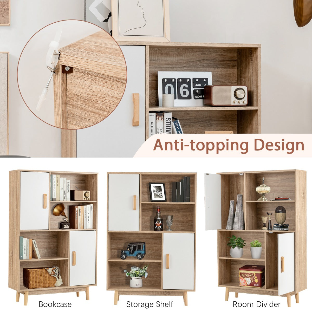 LIVSK Houten Boekenkast - 4 Open Planken en 2 Deuren - Multifunctioneel en Veilig - Eenvoudig te Monteren - 80 x 24 x 120 cm - Wit