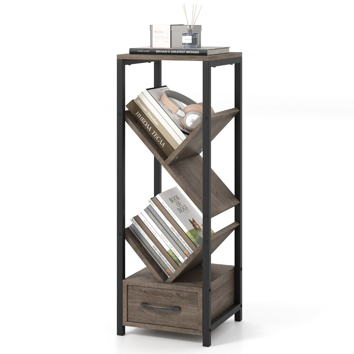 LIVSK Boomvormige Boekenkast - Uniek Design met Werkblad en Uittrekbare Lade - Robuust Metaal - Voor Kleine Ruimtes - Grijs en