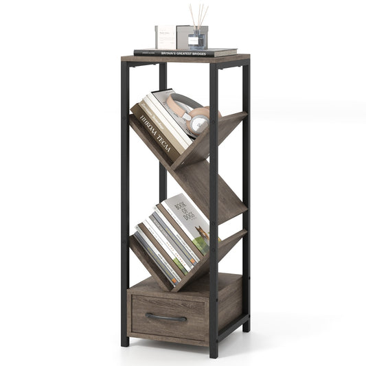 LIVSK Boomvormige Boekenkast - Uniek Design met Werkblad en Uittrekbare Lade - Robuust Metaal - Voor Kleine Ruimtes - Grijs en