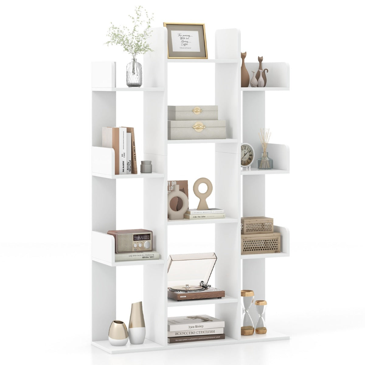 Livsk costway boekenkast in boomvorm rek met 13 open vakken staand rek opbergrek voor woonkamer of kantoor wit 86 x 245 x 141 cm