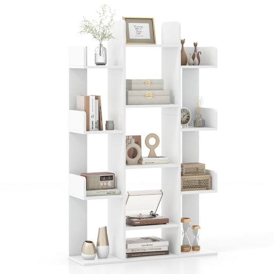 Livsk costway boekenkast in boomvorm rek met 13 open vakken staand rek opbergrek voor woonkamer of kantoor wit 86 x 245 x 141 cm