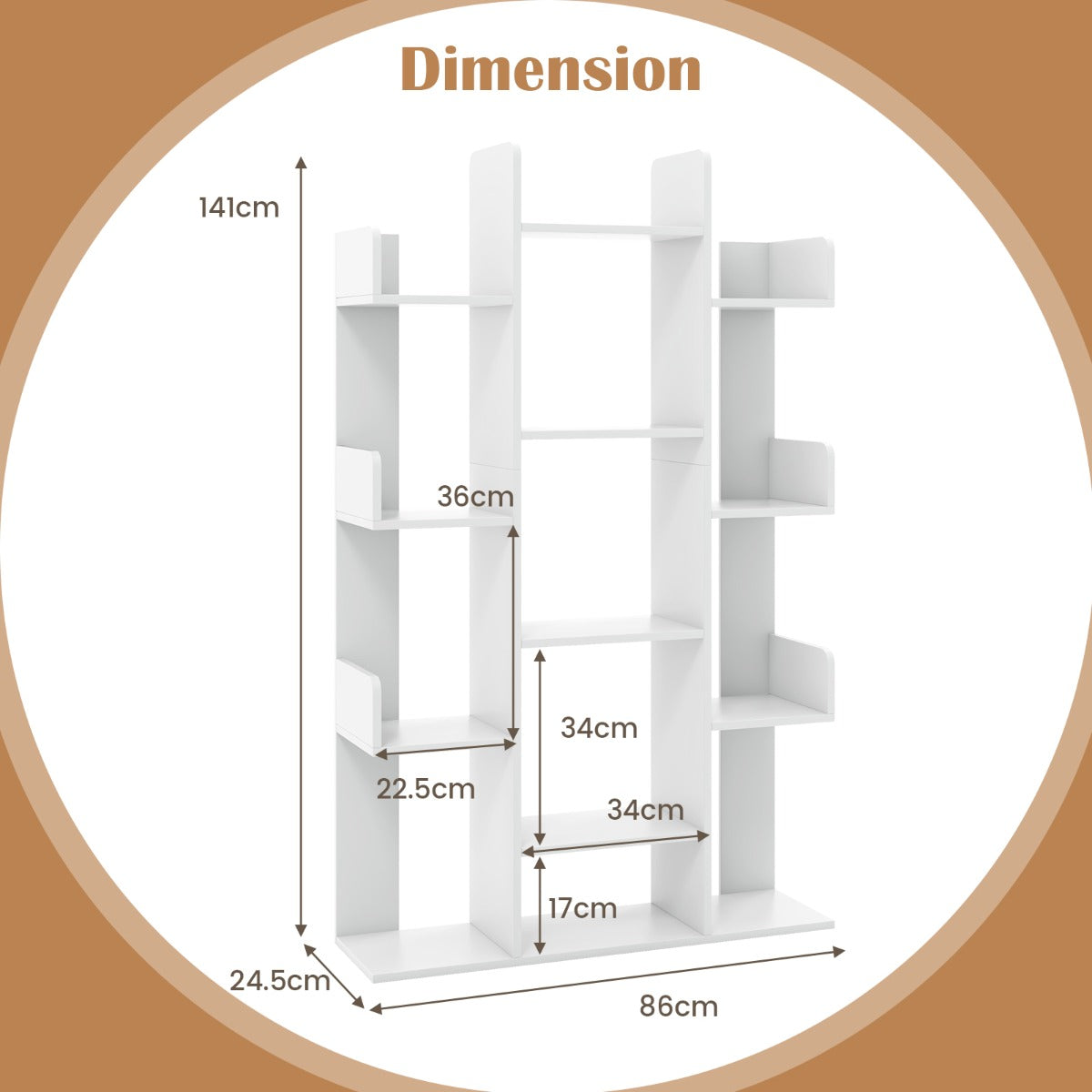 Livsk costway boekenkast in boomvorm rek met 13 open vakken staand rek opbergrek voor woonkamer of kantoor wit 86 x 245 x 141 cm 2