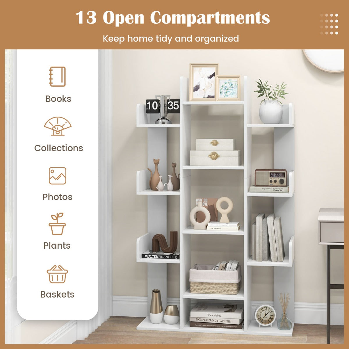 Livsk costway boekenkast in boomvorm rek met 13 open vakken staand rek opbergrek voor woonkamer of kantoor wit 86 x 245 x 141 cm 3
