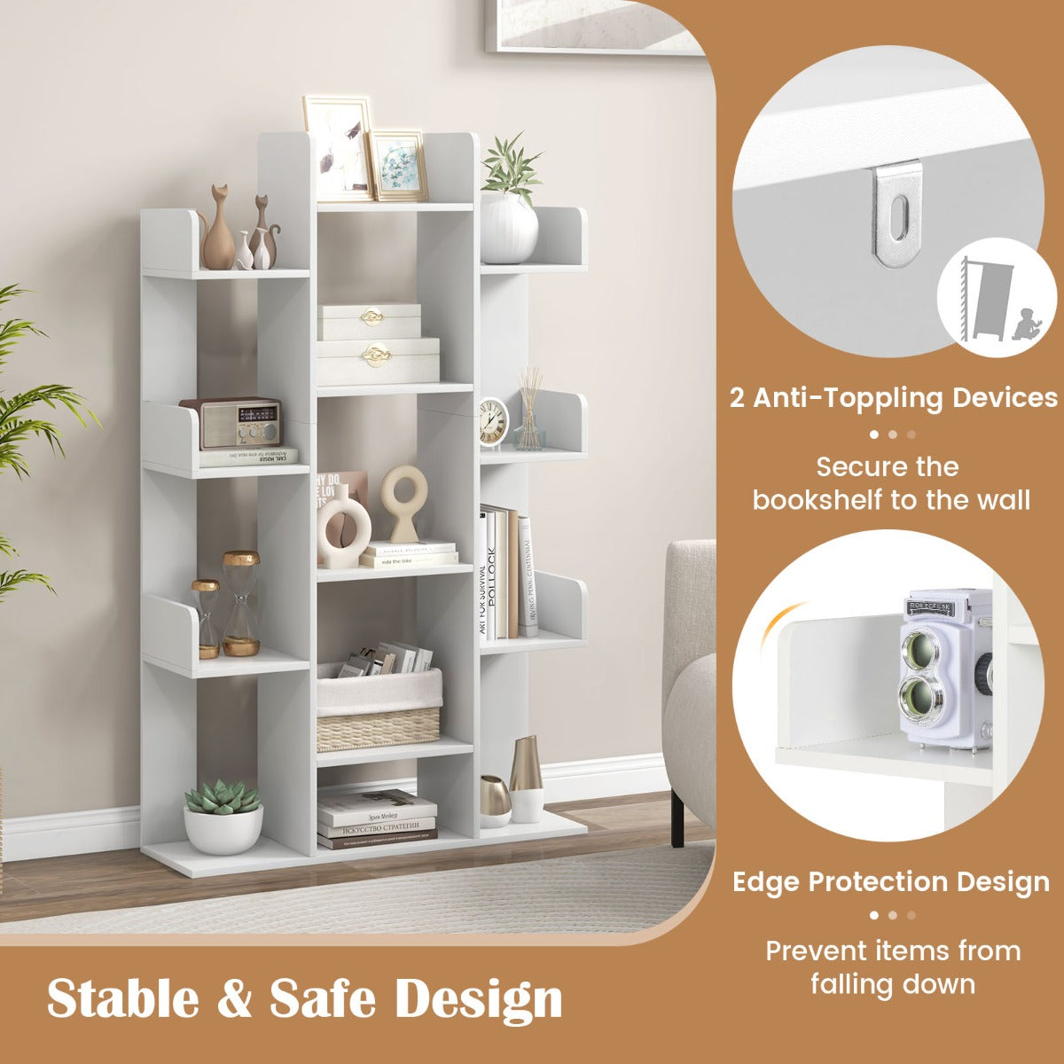Livsk costway boekenkast in boomvorm rek met 13 open vakken staand rek opbergrek voor woonkamer of kantoor wit 86 x 245 x 141 cm 5
