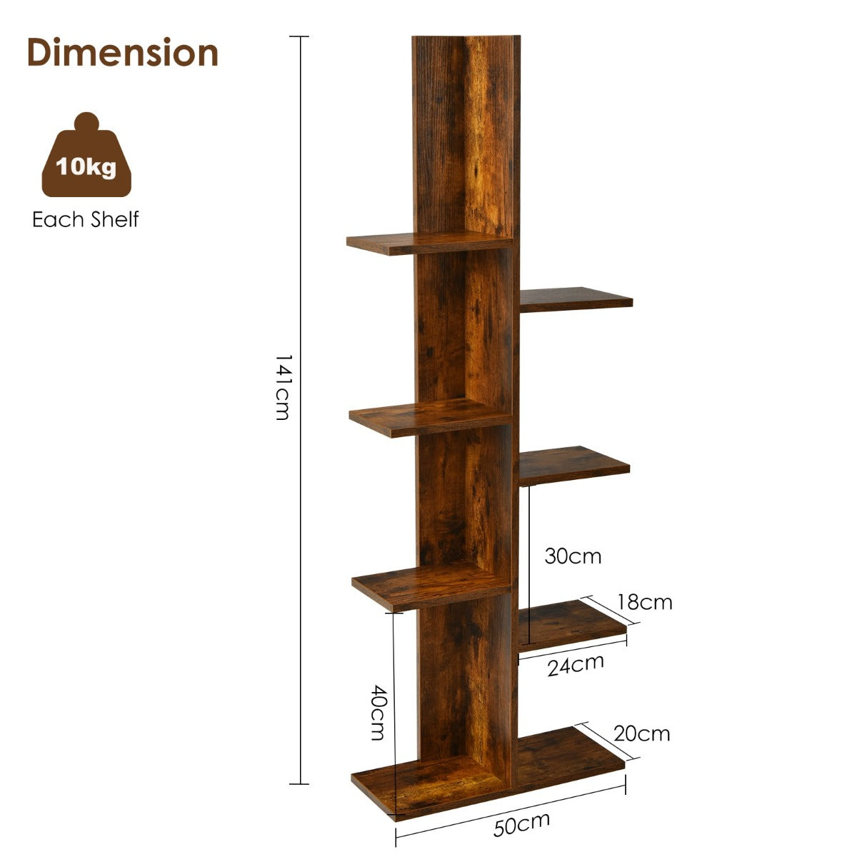 LIVSK Boekenrek - 7 Lagen - Hoogwaardig MDF - Temperatuurbestendig en Waterdicht - Ruimtebesparend - 50 x 20 x 141 cm - Bruin