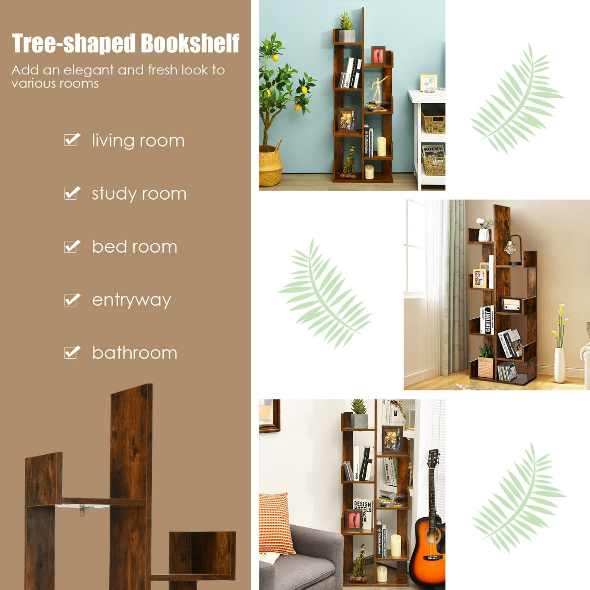 LIVSK Boomvormige Boekenkast - 8 Open Planken - Stabiele Constructie met Kantelbeveiliging - Voor Woonkamer en Slaapkamer -