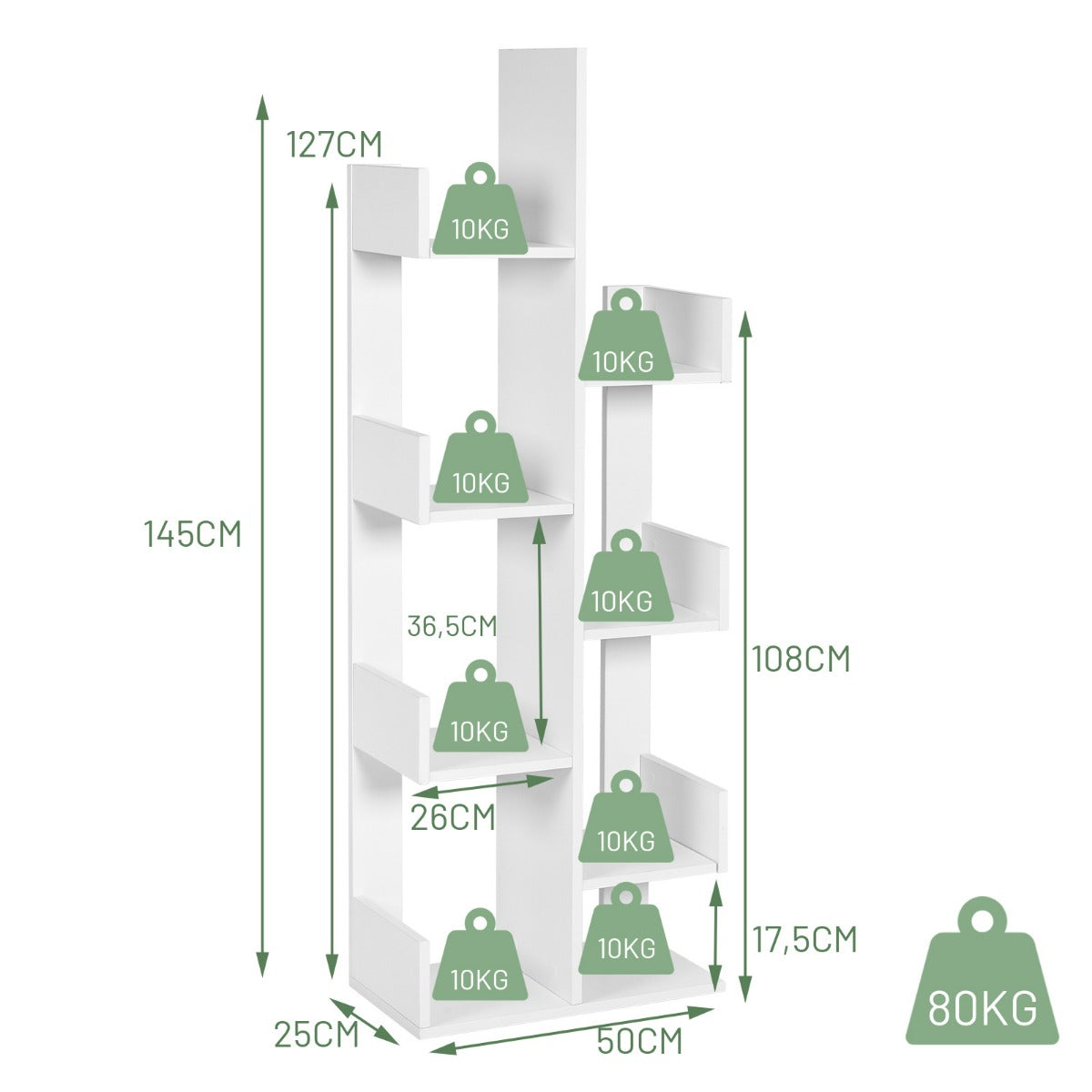 LIVSK Boomvormige Boekenkast - 8 Vakken - Duurzaam en Veilig - 50 x 25 x 145 cm - Wit