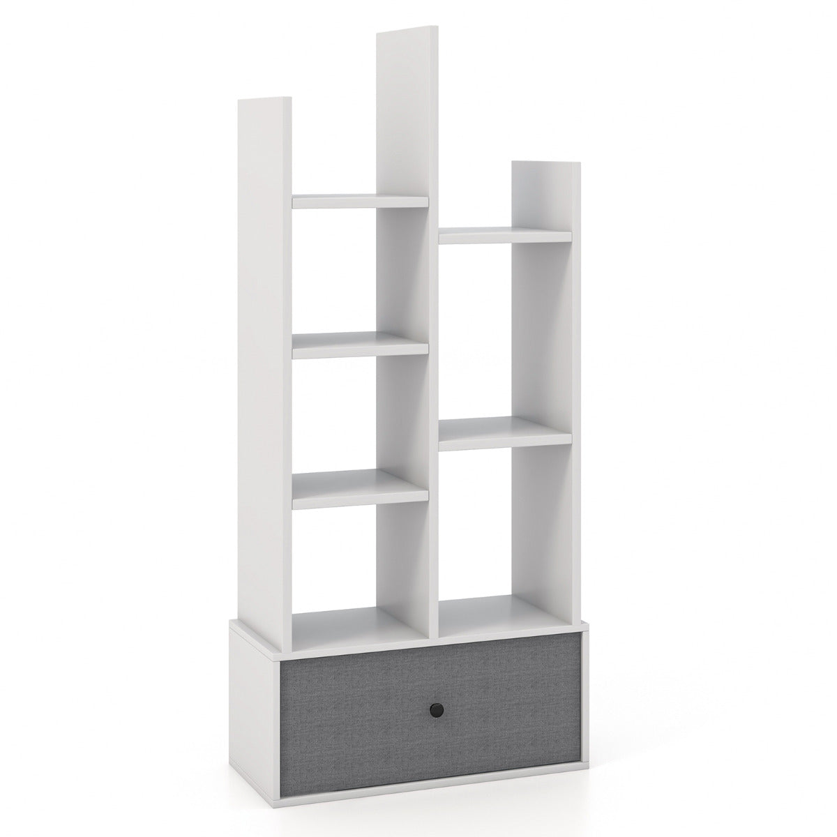 LIVSK Boekenrek met 7 Niveaus en Opberglade - Stabiele Constructie - Vintage Design - 53 x 24 x 118 cm - Wit