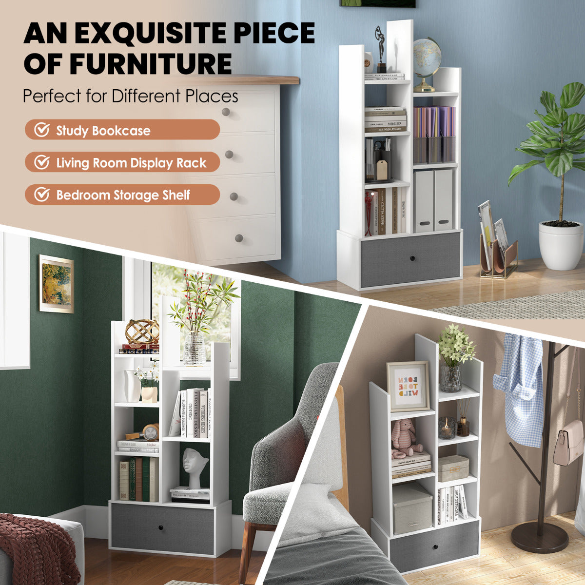 LIVSK Boekenrek met 7 Niveaus en Opberglade - Stabiele Constructie - Vintage Design - 53 x 24 x 118 cm - Wit