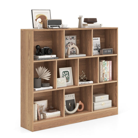 Livsk costway boekenkast met 10 vakken vrijstaande opbergmeubel met drie niveaus houten planken van 120 cm lang naturel
