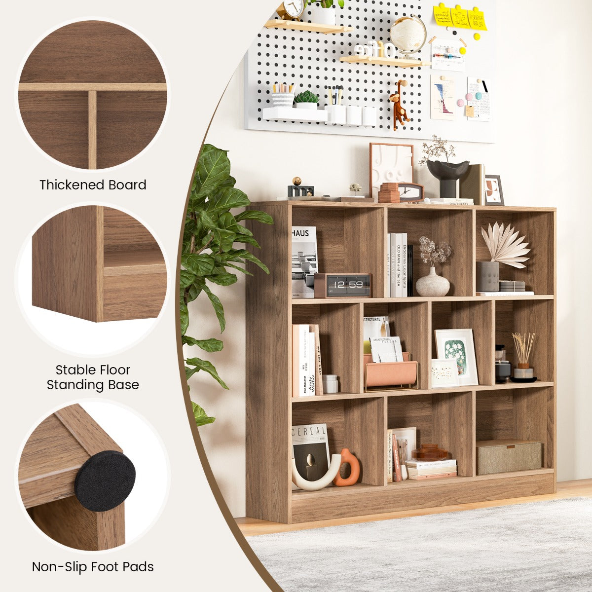 Livsk costway boekenkast met 10 vakken vrijstaande opbergmeubel met drie niveaus houten planken van 120 cm lang naturel 3