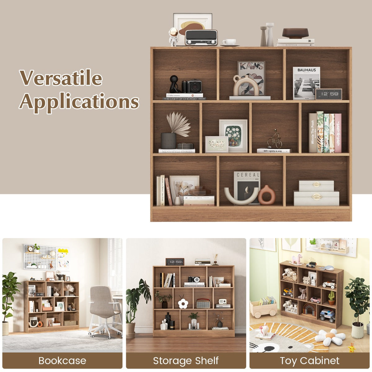 Livsk costway boekenkast met 10 vakken vrijstaande opbergmeubel met drie niveaus houten planken van 120 cm lang naturel 6