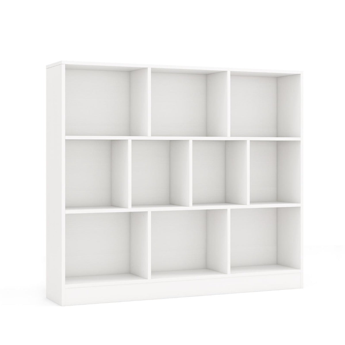 Livsk costway boekenkast met 10 vakken vrijstaande opbergmeubel met drie niveaus houten planken van 120 cm lang wit 1 1