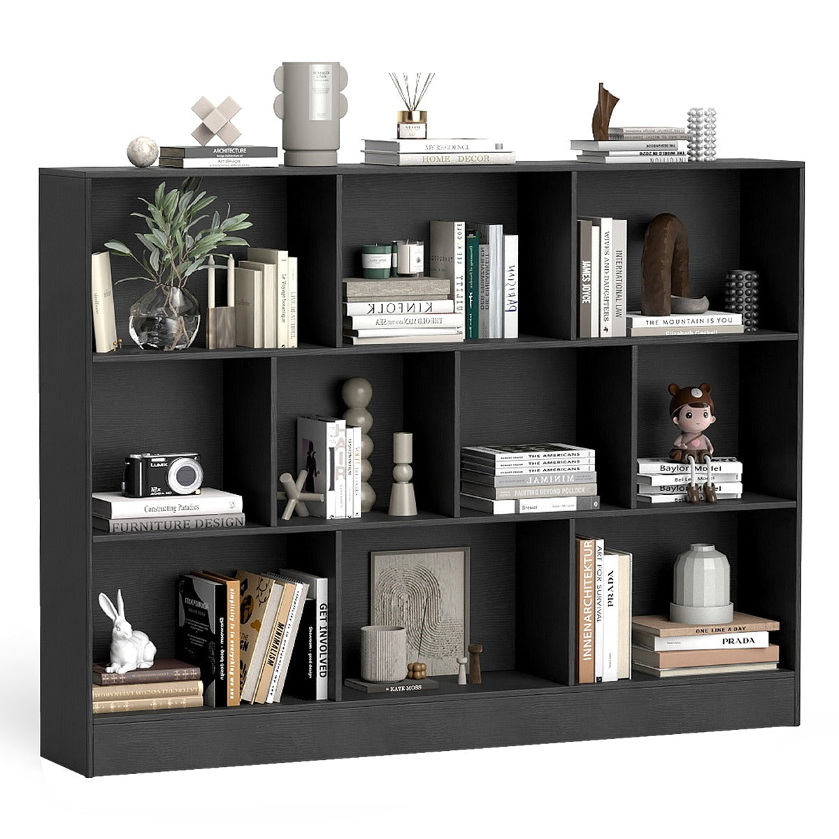 Livsk costway boekenkast met 10 vakken vrijstaande opbergmeubel met drie niveaus kantelbeveiligingsset houten displayplank van 140 cm
