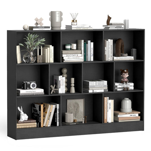 Livsk costway boekenkast met 10 vakken vrijstaande opbergmeubel met drie niveaus kantelbeveiligingsset houten displayplank van 140 cm