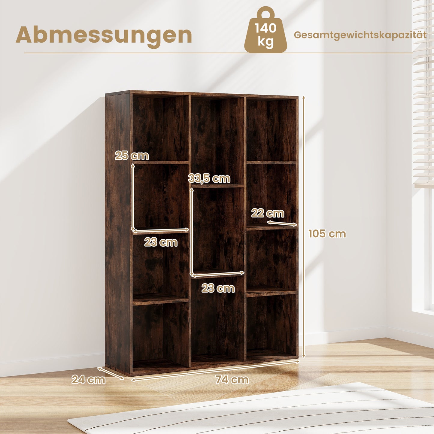 LIVSK Boekenplank met 11 Vakken - Horizontaal of Verticaal - Kantelbeveiliging - Modern Design - 74 x 24 x 106 cm - Koffie