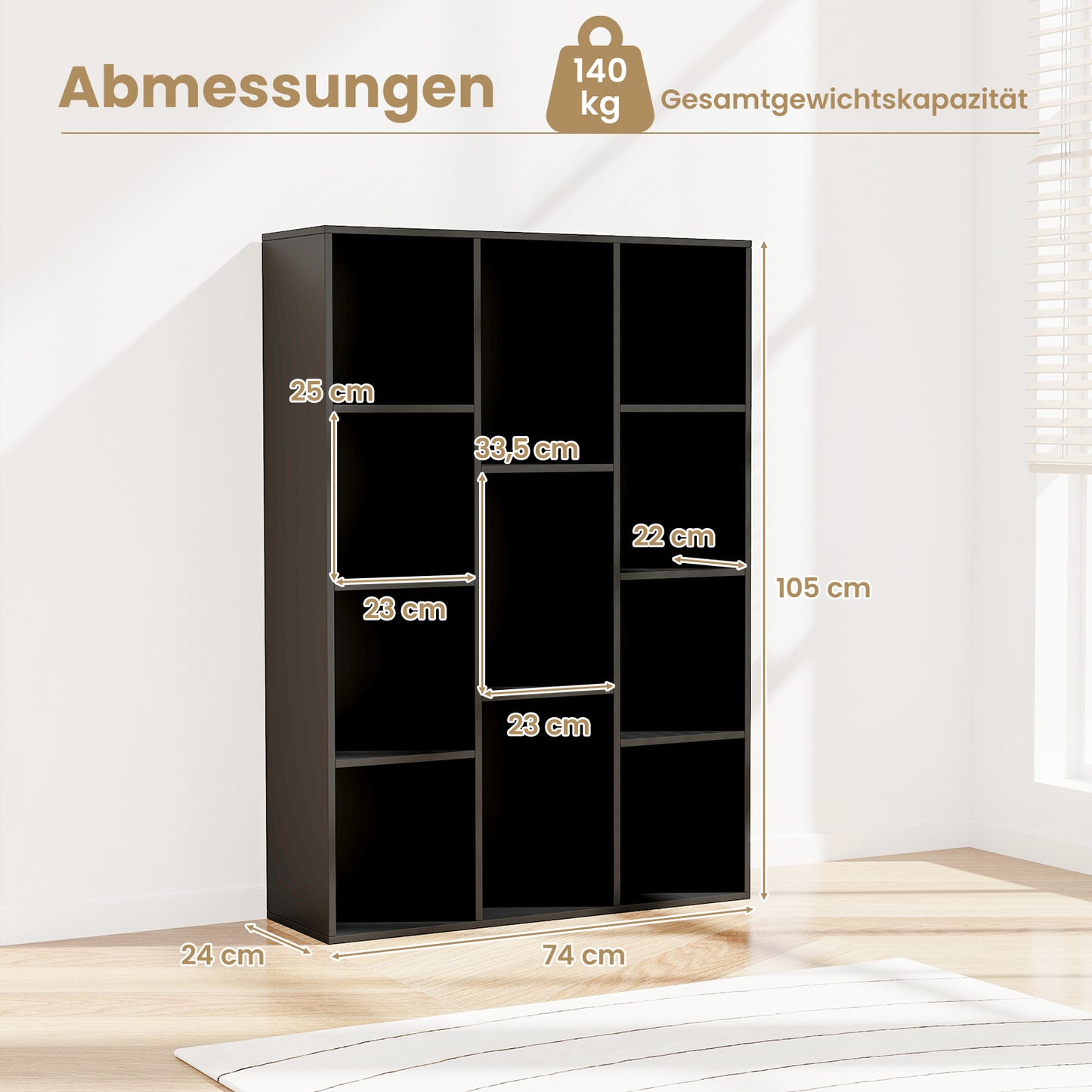 LIVSK Boekenkast met 11 Vakken - Modern Design - Horizontaal of Verticaal - Veilig met Kantelbeveiliging - 74 x 24 x 106 cm -