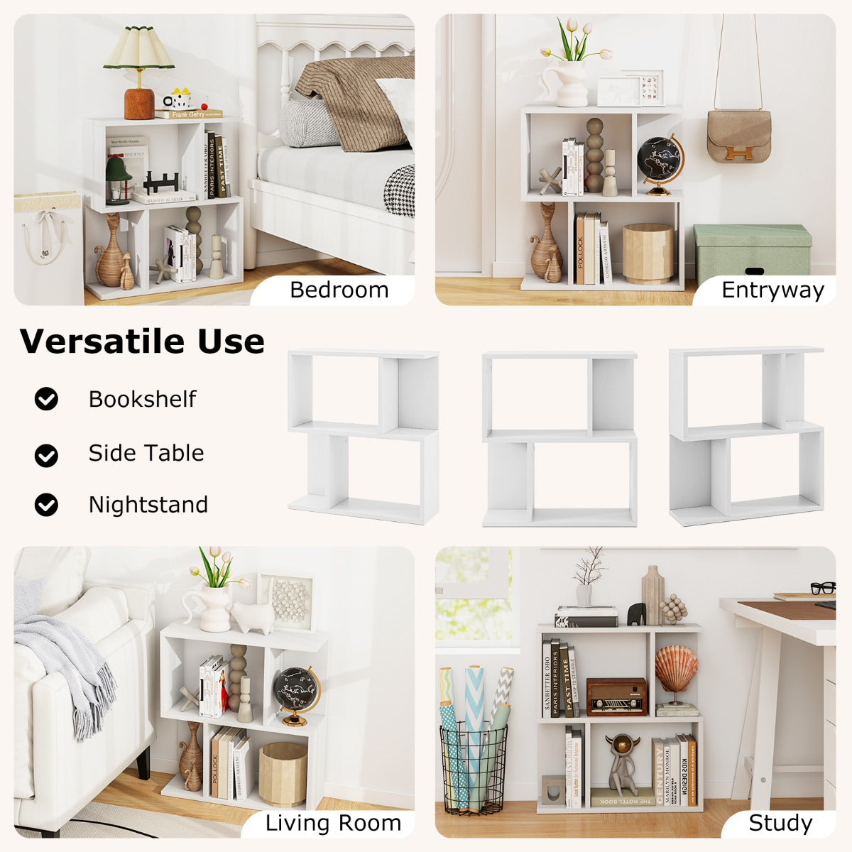 Livsk costway boekenkast met 3 niveaus displayplank voor kleine ruimtes vrijstaande bijzettafel voor kantoor woonkamer slaapkamer wit 4