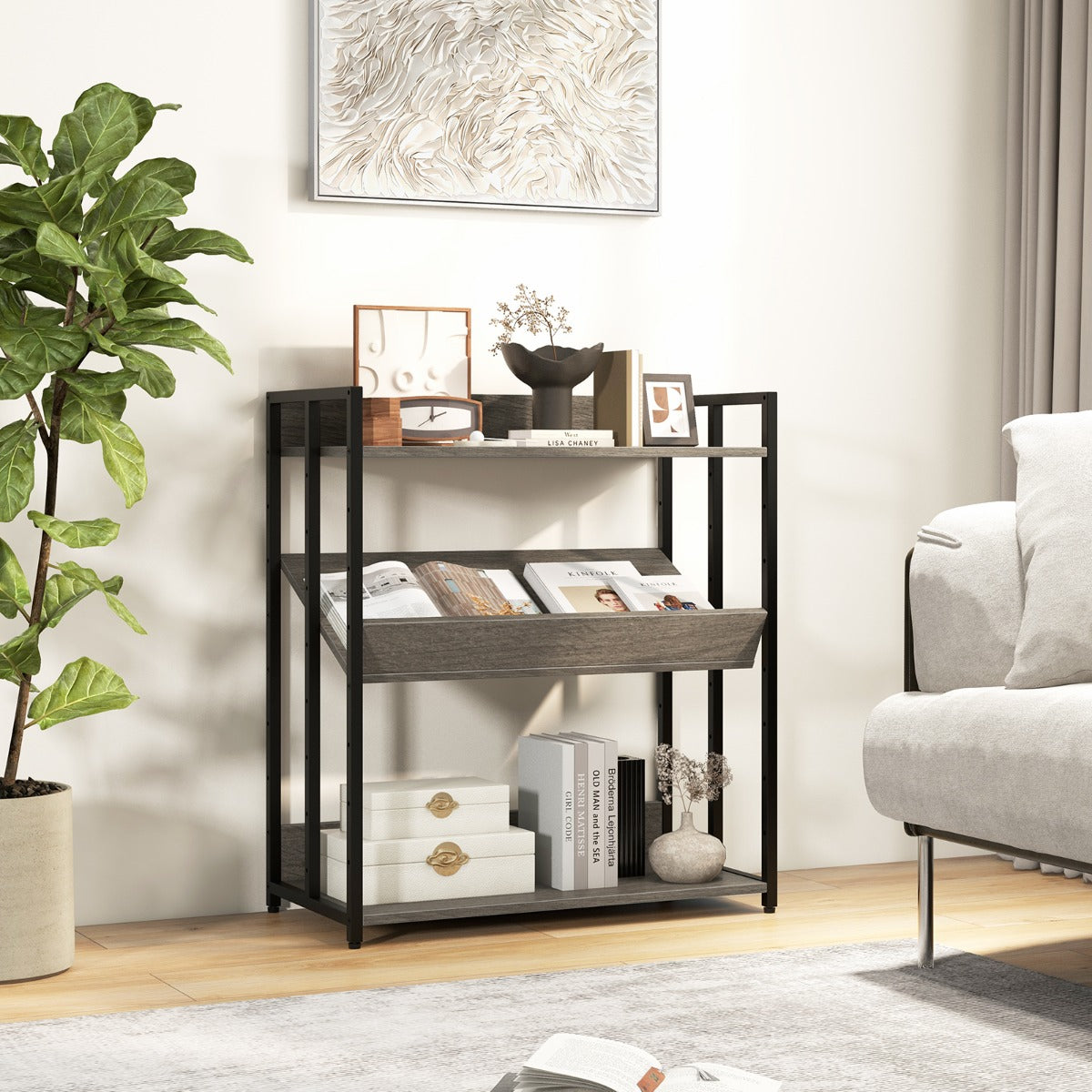 LIVSK Industriële Boekenplank met Verstelbare Planken - Sterk Metalen Frame - 3 Niveaus - Tot 110 kg - Grijs en Zwart