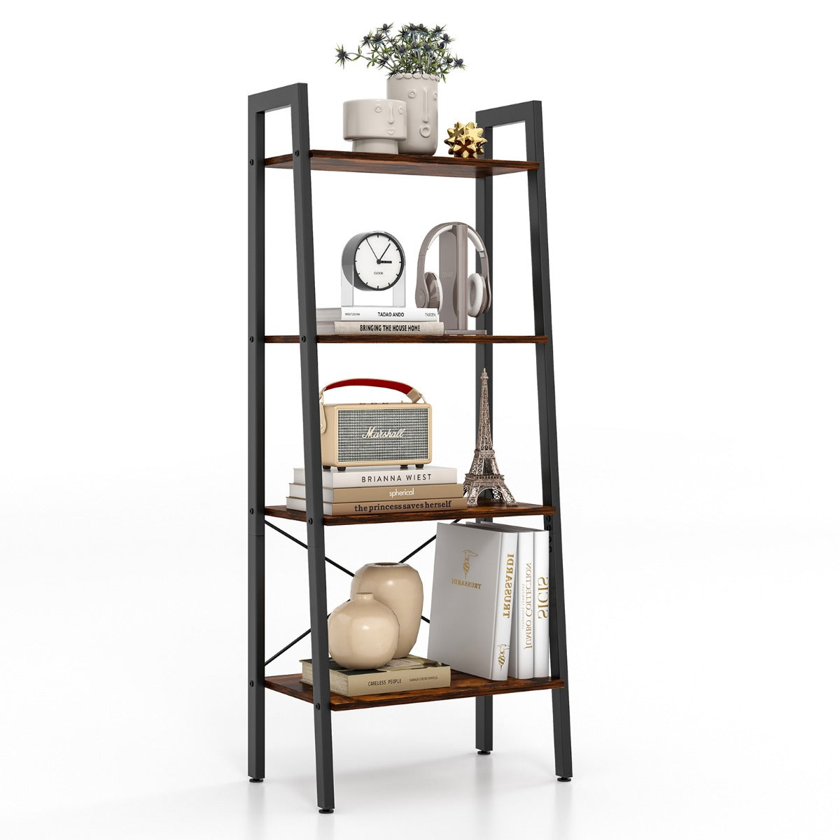 LIVSK Boekenkast met 4 Niveaus - Industrieel Design - Metalen Frame - Verstelbare Voetkussens - Draagvermogen 90 kg - Rustiek
