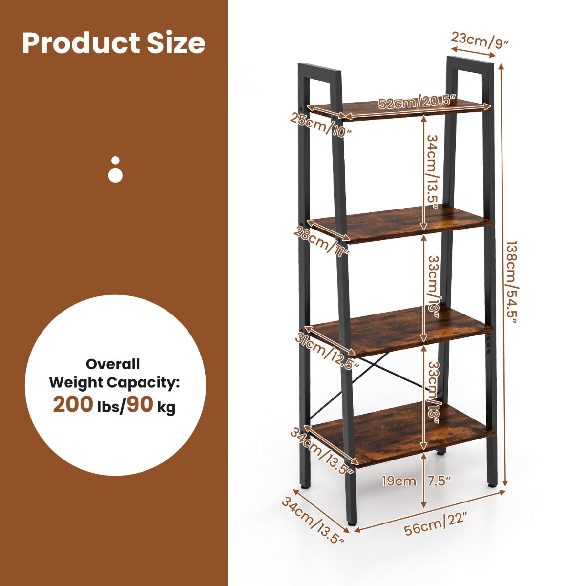 LIVSK Boekenkast met 4 Niveaus - Industrieel Design - Metalen Frame - Verstelbare Voetkussens - Draagvermogen 90 kg - Rustiek