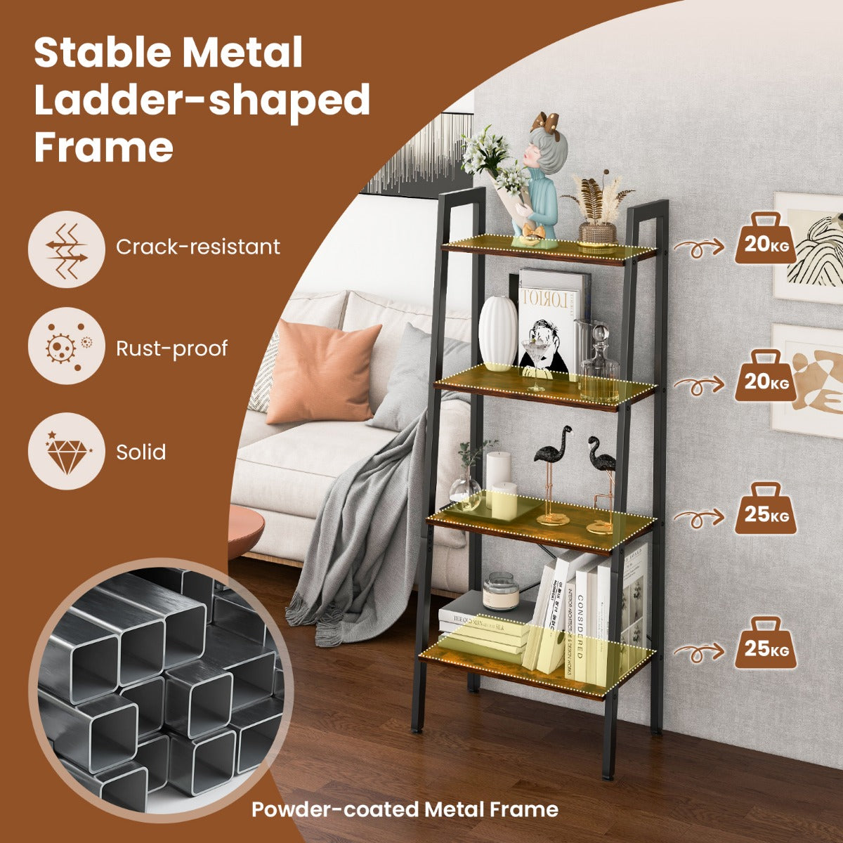 LIVSK Boekenkast met 4 Niveaus - Industrieel Design - Metalen Frame - Verstelbare Voetkussens - Draagvermogen 90 kg - Rustiek