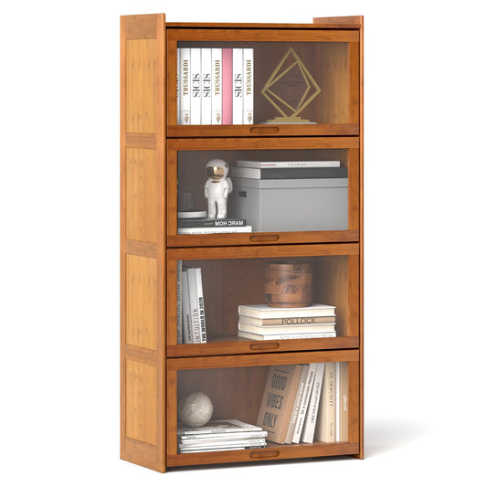 LIVSK Bamboe Boekenkast - 4 Verdieningen - Klapdeuren - Kantelbeveiliging - Tot 30 kg per etage - 69 x 34 x 140 cm - Bruin/Natuur