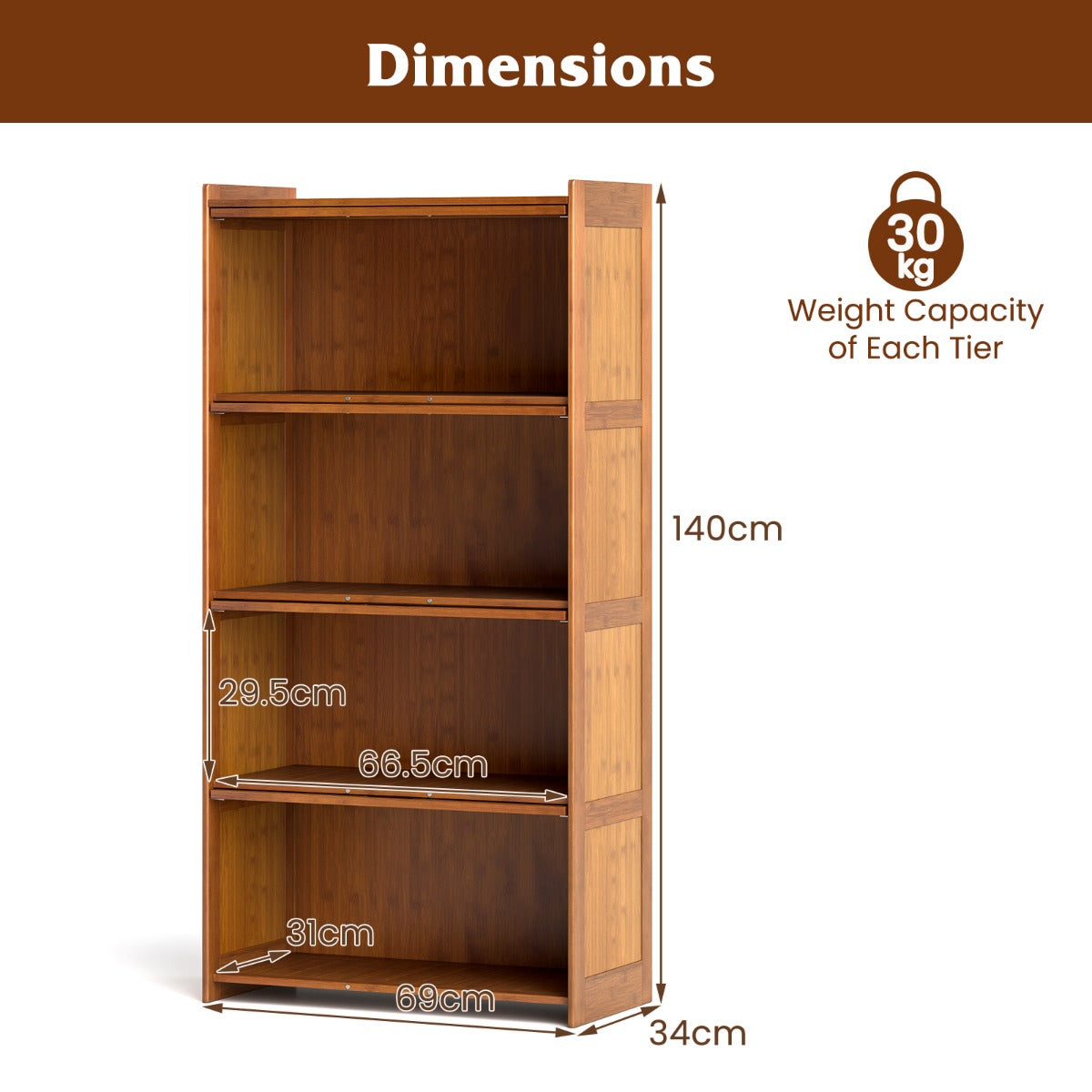 LIVSK Bamboe Boekenkast - 4 Verdieningen - Klapdeuren - Kantelbeveiliging - Tot 30 kg per etage - 69 x 34 x 140 cm - Bruin/Natuur