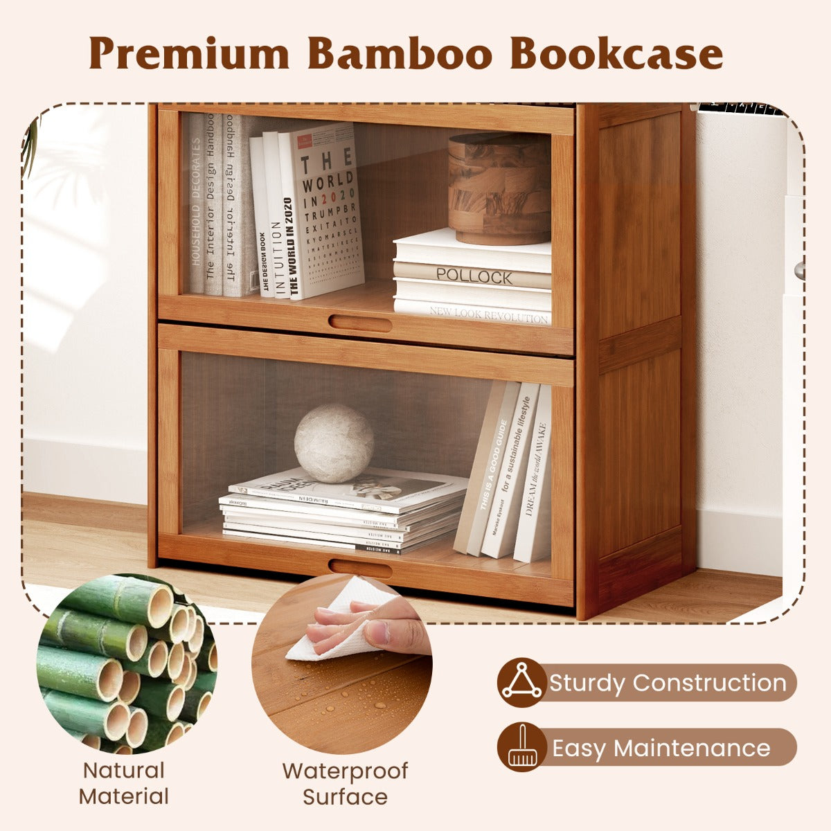 LIVSK Bamboe Boekenkast - 4 Verdieningen - Klapdeuren - Kantelbeveiliging - Tot 30 kg per etage - 69 x 34 x 140 cm - Bruin/Natuur