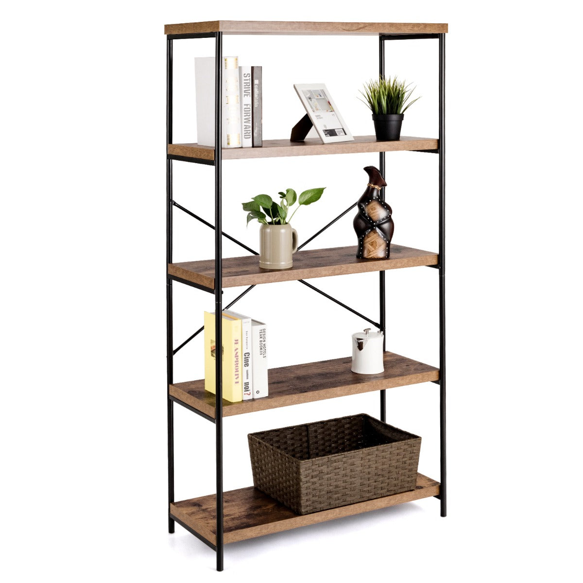 LIVSK Vrijstaande Boekenkast - 5 Open Planken - Robuust Metaal en Hout - Kantelbeveiliging - 79 x 35 x 160 cm - Bruin