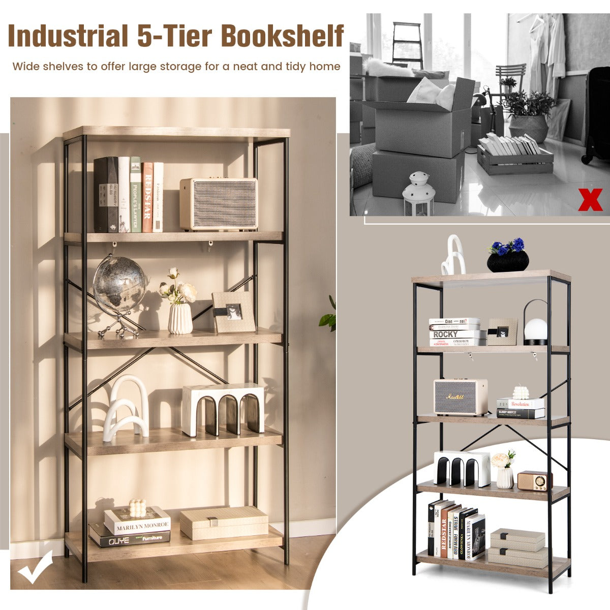 LIVSK Industrieel Vrijstaande Boekenkast - 5 Open Planken - Stabiel en Veilig - Tot 100 kg - 79 x 35 x 160 cm - Zwart Metaal en