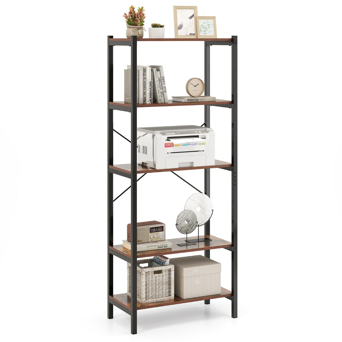 LIVSK Boekenkast - Vrijstaand met 5 Ruime Planken - Sterk Metalen Frame - Veilig met Anti-kantelsets - Rustiek bruin & zwart