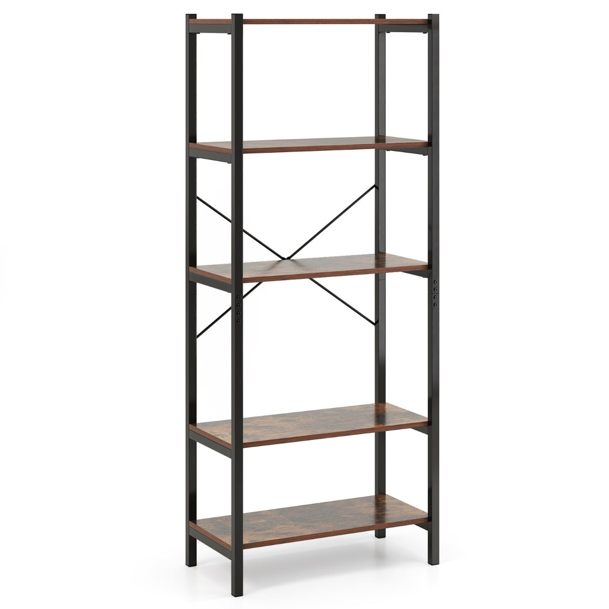LIVSK Boekenkast - Vrijstaand met 5 Ruime Planken - Sterk Metalen Frame - Veilig met Anti-kantelsets - Rustiek bruin & zwart