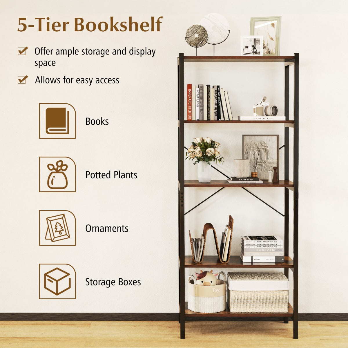 LIVSK Boekenkast - Vrijstaand met 5 Ruime Planken - Sterk Metalen Frame - Veilig met Anti-kantelsets - Rustiek bruin & zwart