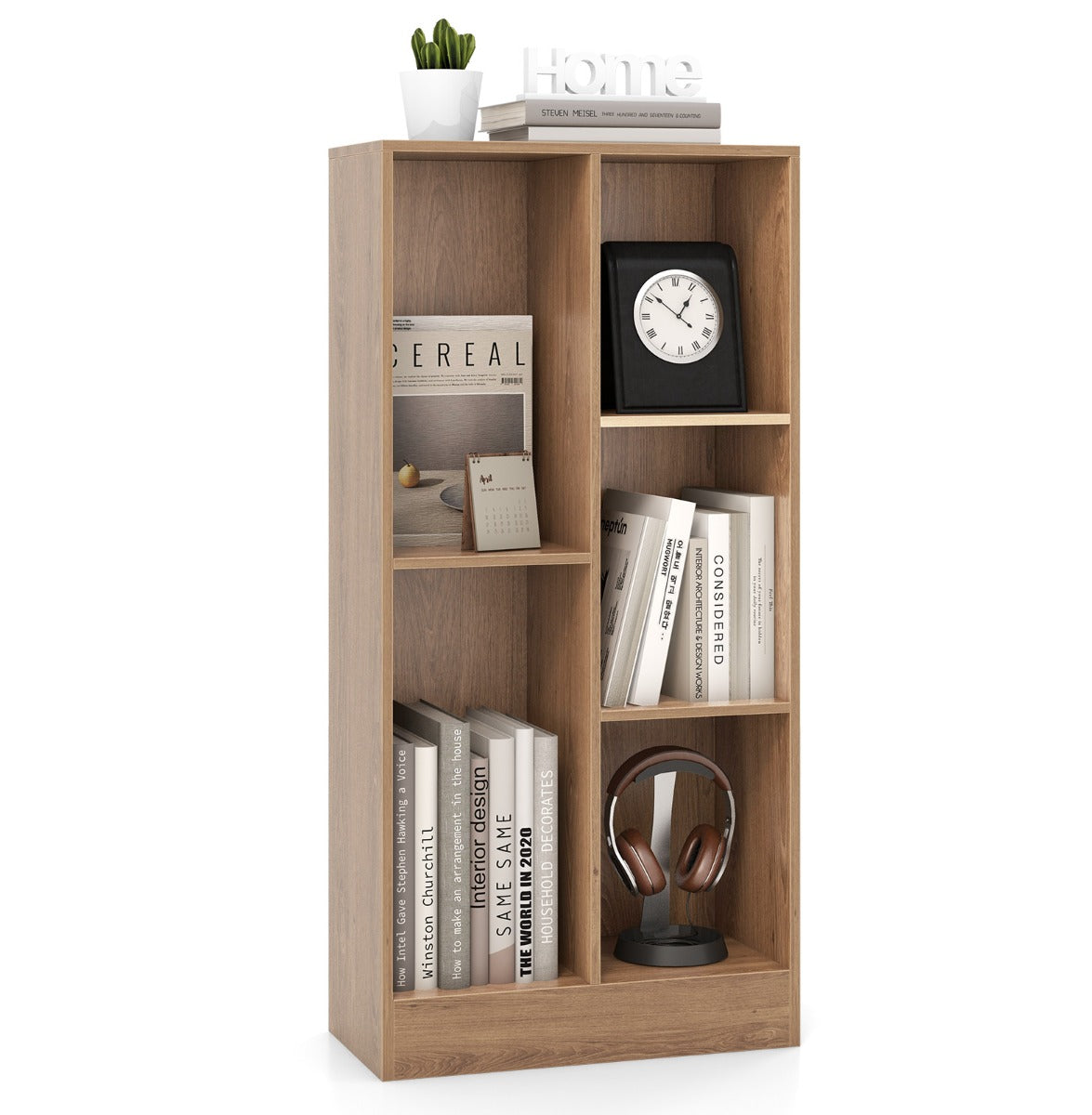 LIVSK Boekenrek met 5 Open Vakken - Duurzaam Hout en MDF - Totale Draagvermogen 90 kg - Veilig met Kantelbeveiliging - Natuurlijk