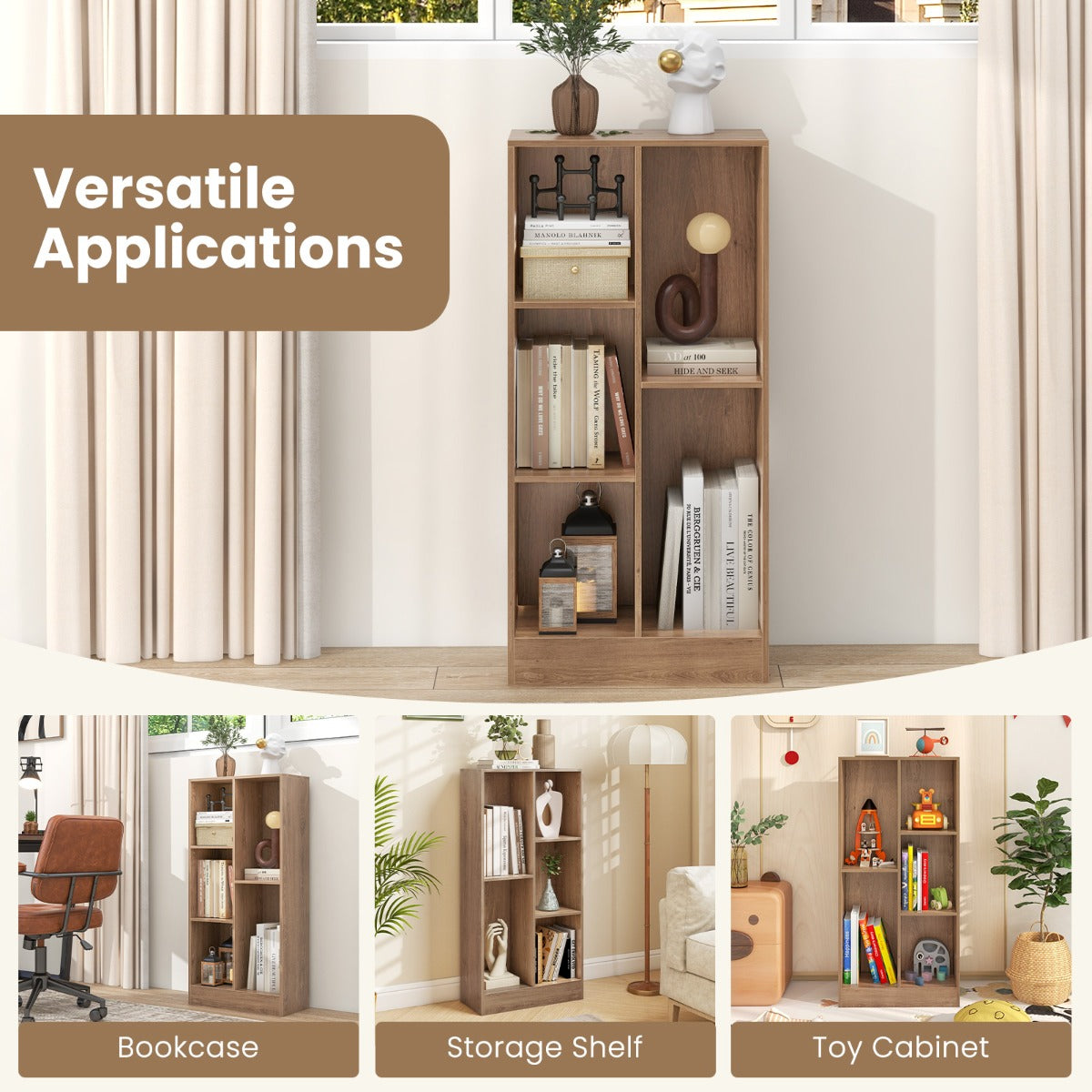 LIVSK Boekenrek met 5 Open Vakken - Duurzaam Hout en MDF - Totale Draagvermogen 90 kg - Veilig met Kantelbeveiliging - Natuurlijk