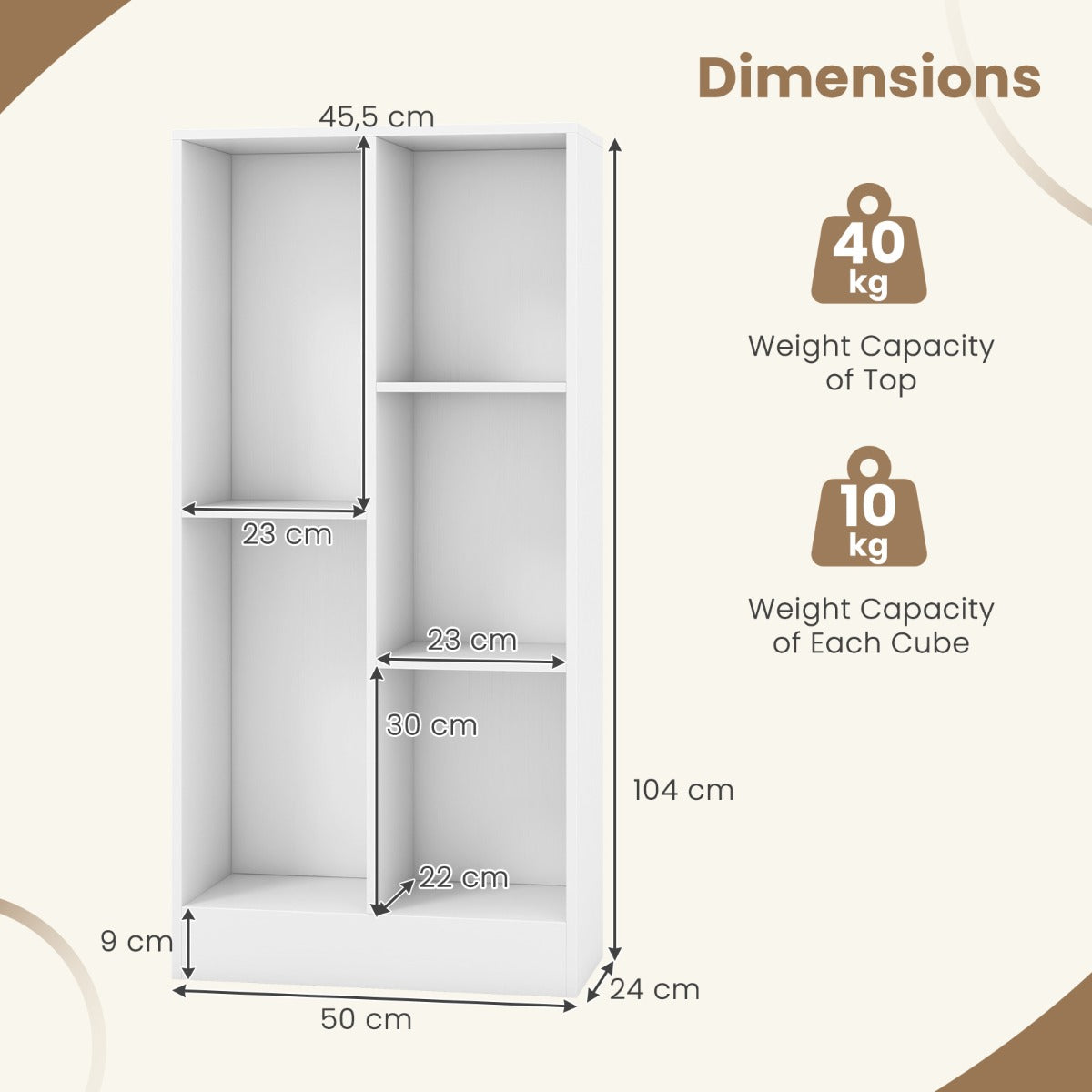 LIVSK Boekenkast met 5 Vakken - Duurzaam Hout en MDF - Kantelbeveiligingen - Totale Capaciteit 90 kg - 50 x 24 x 104 cm - Wit