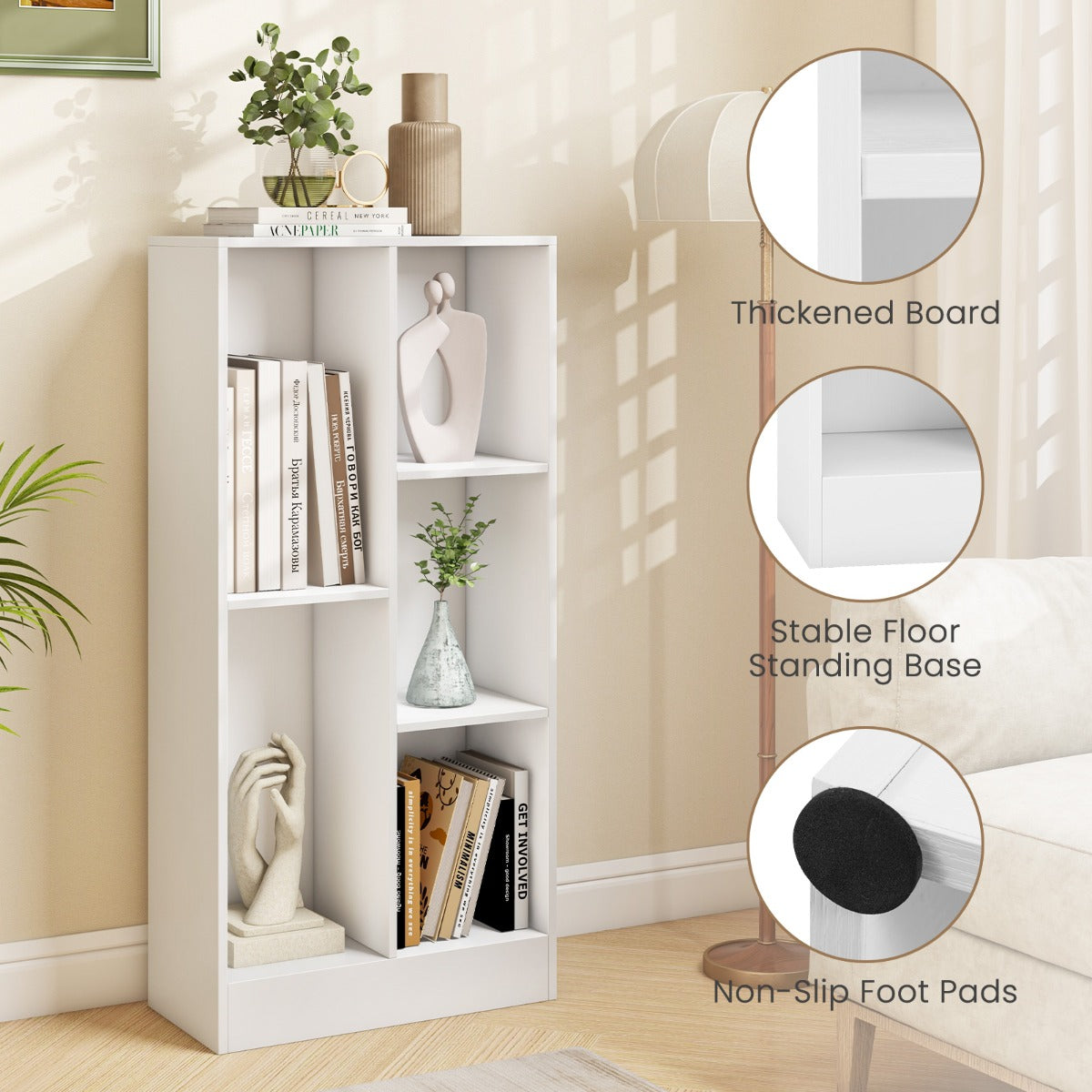 LIVSK Boekenkast met 5 Vakken - Duurzaam Hout en MDF - Kantelbeveiligingen - Totale Capaciteit 90 kg - 50 x 24 x 104 cm - Wit