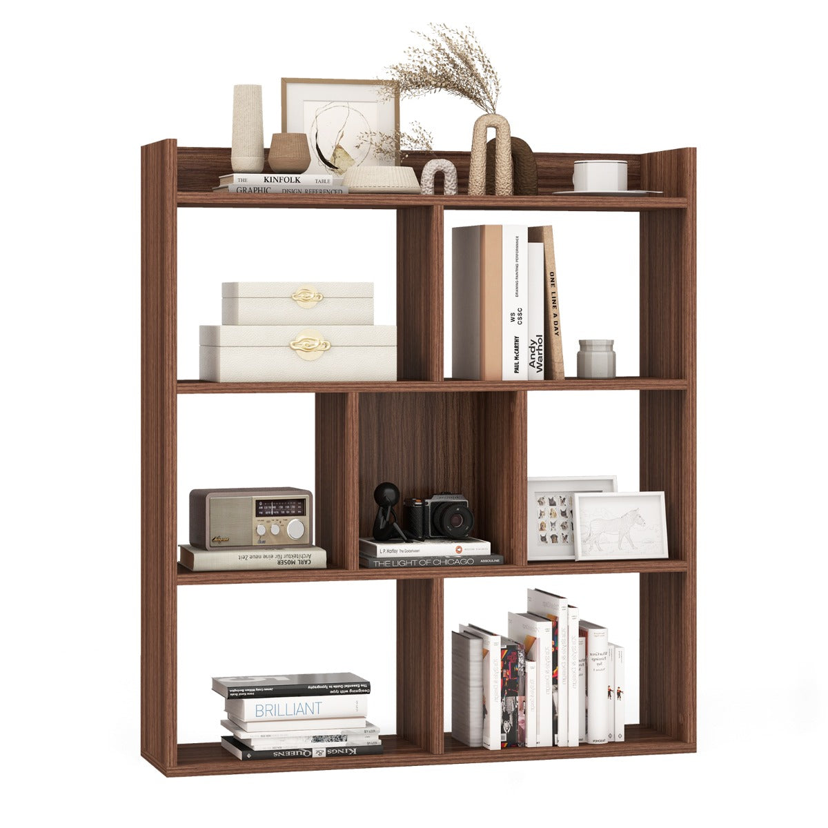 LIVSK Boekenkast - 7 Vakken - Ruime Bovenkant - Duurzaam en Stabiliteit - Antikantelvoorzieningen - 80 x 20 x 90 cm - Walnoot