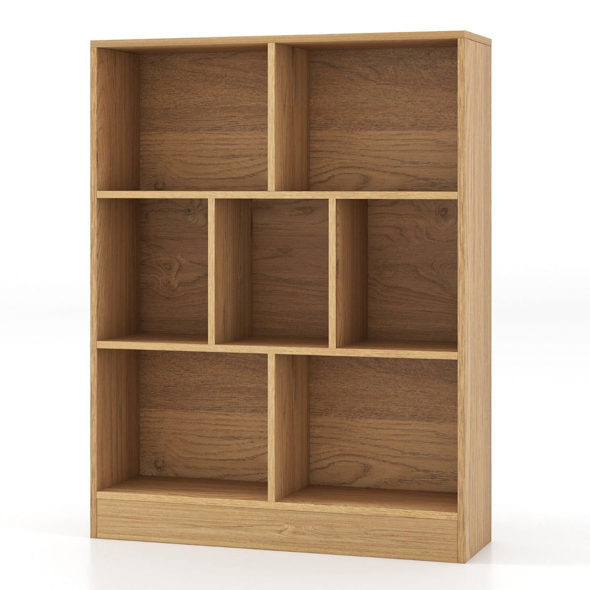 LIVSK Boekenkast 3 Open Niveaus - 7 Vakken met Ruime Lade - Tot 120 kg Draagkracht - Veilig met Anti-kantelsets - Natuurlijk/Wit