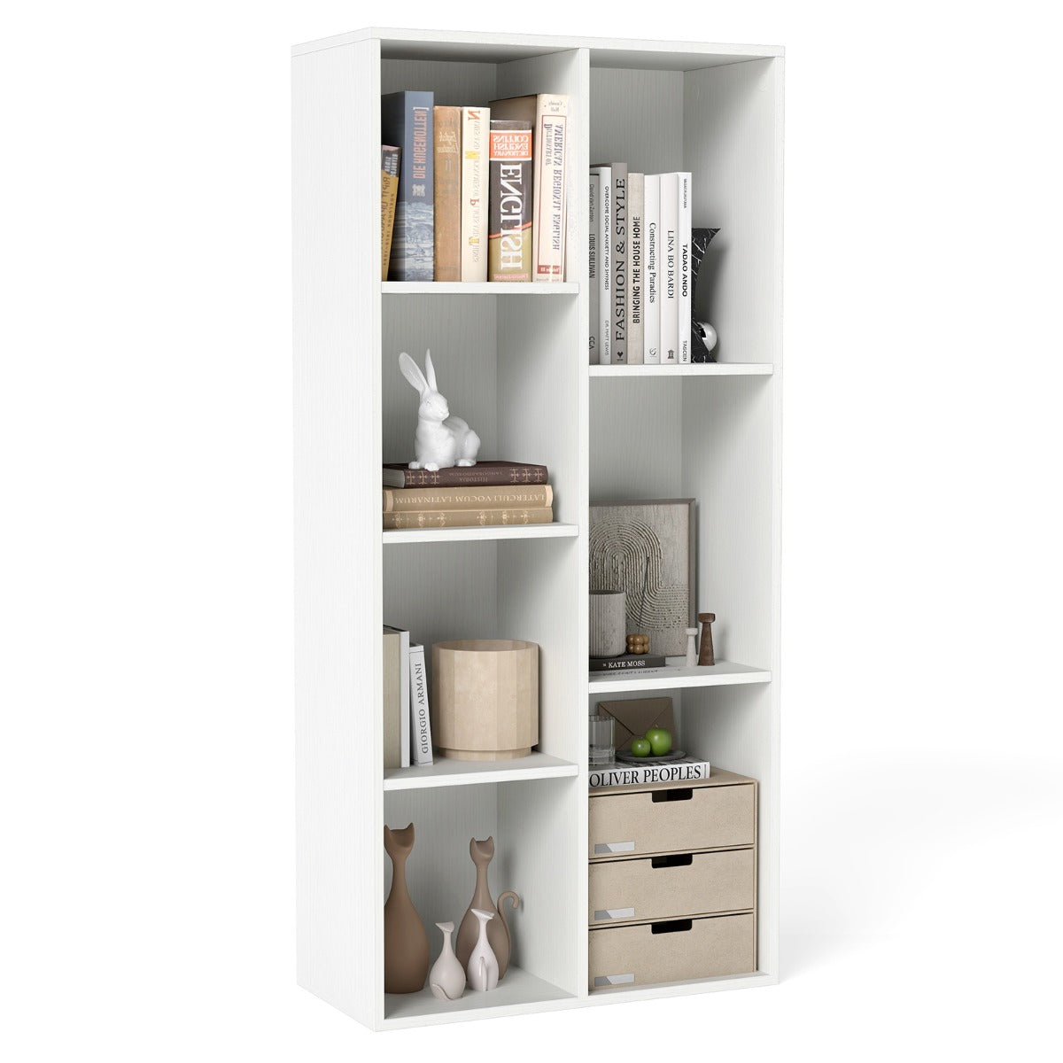 Livsk costway boekenkast met 7 vakken verticale rekkenkast geschikt voor horizontale of verticale plaatsing houten kubusrekken wit