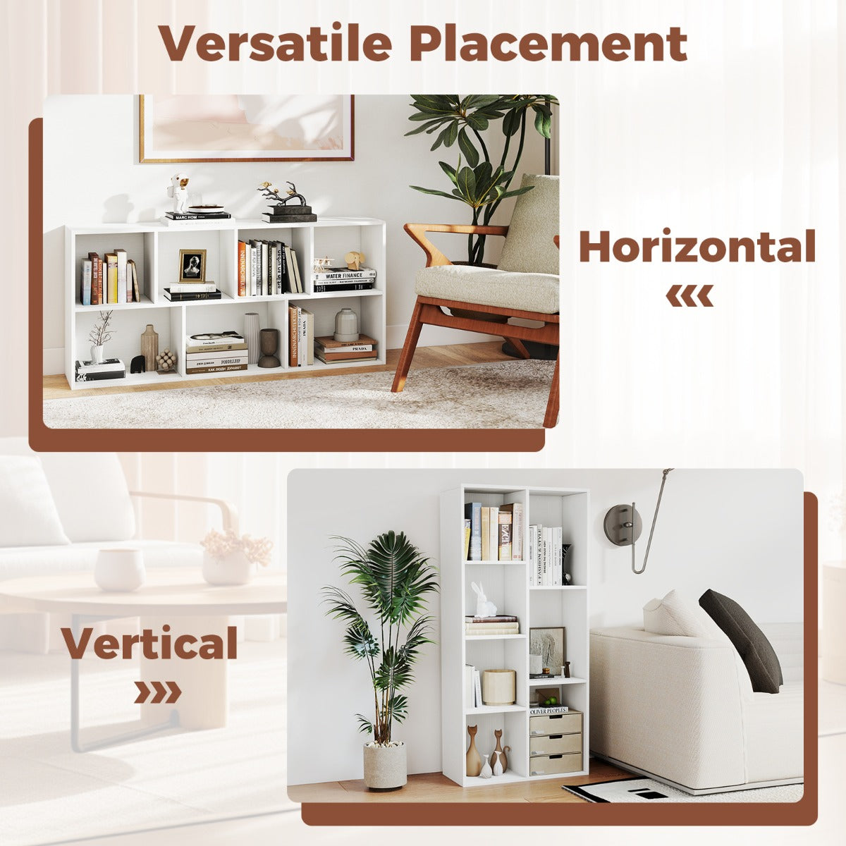 Livsk costway boekenkast met 7 vakken verticale rekkenkast geschikt voor horizontale of verticale plaatsing houten kubusrekken wit 3